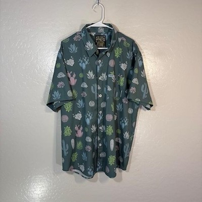 Dixxon Botanical Shirt Mens XL Green Cactus Short Sleeve Button Up Stretch