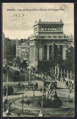 AK Madrid, Calle de Alcala y Banco Espanol del Rio de la Plata, Straßenbahn 192 
