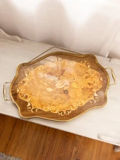 Vintage Large Marquetry Floral Wood Veneer Tray with Gold-Tone Details