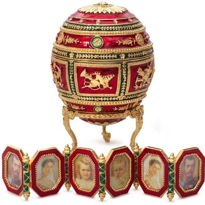 AKM 4.3" Red Faberge Egg Replica Jewelry Box with Picture Frames Яйцо Фаберже