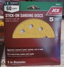 Ace 60 Grit Course 5" Diameter Stick On Sanding Discs Sealed 5 pack Sealed