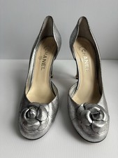 Chanel Metallic Silver Leather Camellia D'Orsay Pumps Size 40/9 US