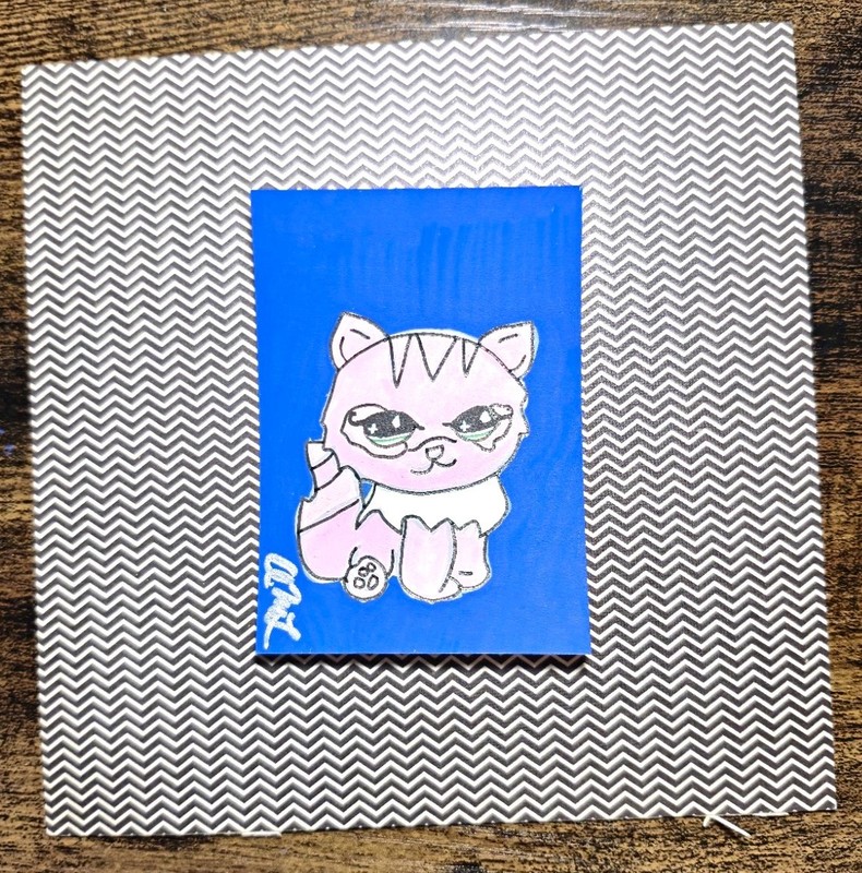 Original ACEO Cat Art Cute Pink Cat Pop Art OOAK ATC By annamaes.artistry