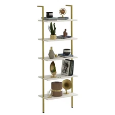 Ladder Shelf White Marble Bookshelf 5-Tier Wall-Mounted Wood Rack Industrial