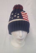 Adult American Flag Stars  Stripes Red White Blue Pom Cuffed Beanie Cap Hat