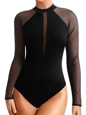 Mesh Long Sleeve Black Dance Leotard for Women Ballet Gymnastics Mock Neck,Wa...