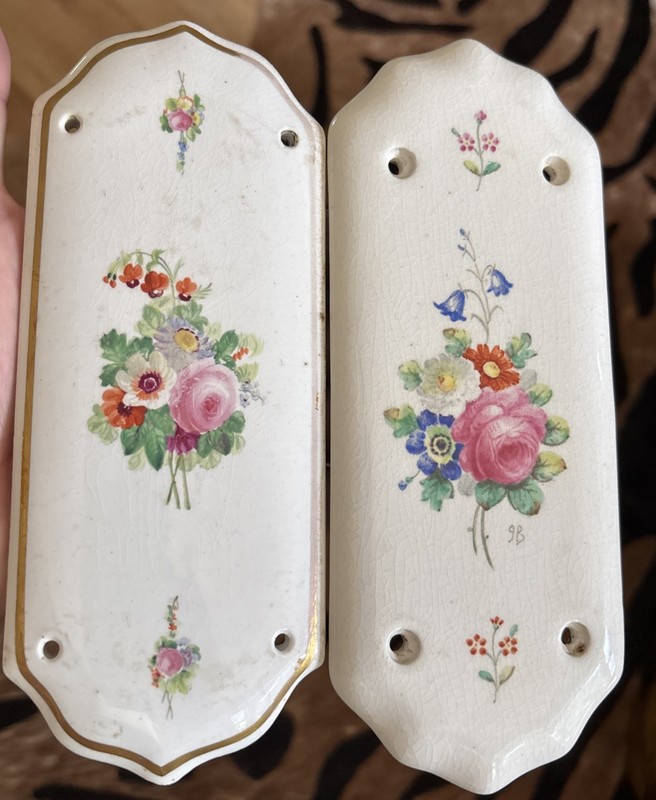 Lot Of 2 Antique Victorian Porcelain Door Plate Hand Painted Flowers 1 signed JB