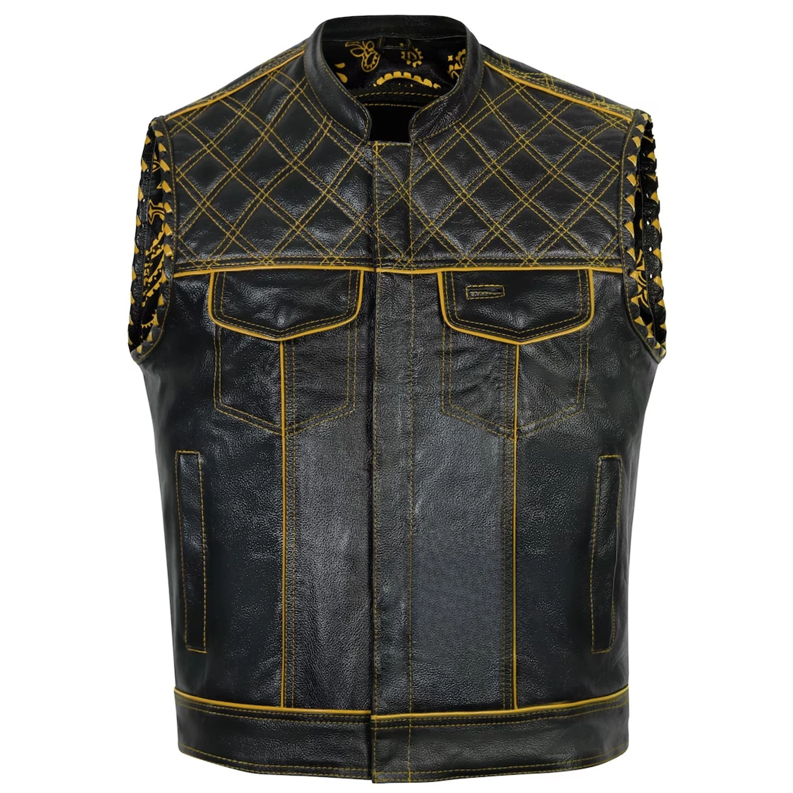 Men Black Leather Biker Vest with Yellow Stitching Quilted Motorcycle Waistcoat
Opens in a new windo