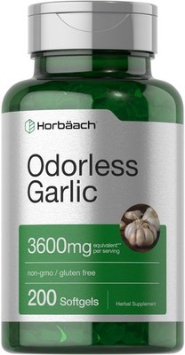 Horbäach Odorless Garlic Softgels 3600 mg | 200 Count | Ultra Potent Garlic