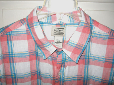 L.L. BEAN LINEN SHIRT SZ XL PINK AQUA WHITE PLAID LONG SLEEVES EUC