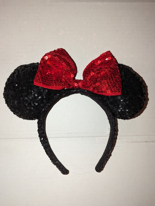 Disney Parks Authentic Minnie Mouse Black Sequin Ears Headband with Red Bow
