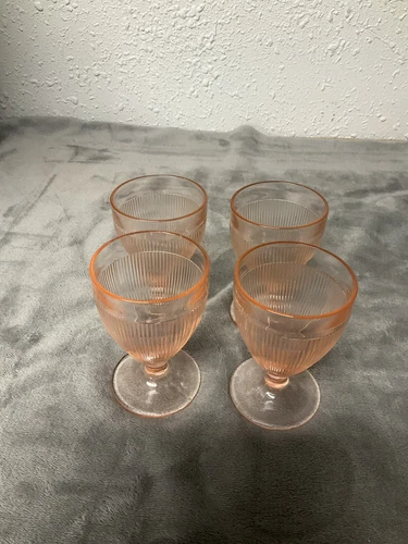 Set Of 4 Homespun Pink Footed Juice Tumbler Jeanette Depression Glass Vintage