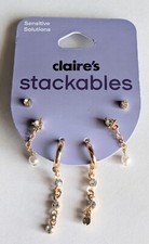 3 Pair Claires Stackables Sensitive Solutions Earrings Gold Rhinestone Pearl NEW