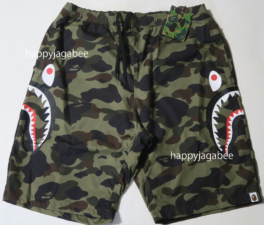 A BATHING APE Men's 1ST CAMO SIDE SHARK BEACH SHORTS Green / Yellow  1I30153020