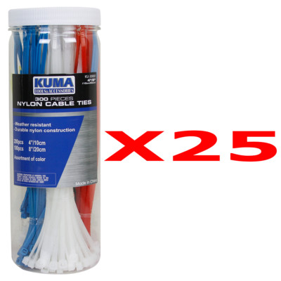 25 Sets KUMA 300 Piece 4'' 8'' Self Lock Nylon Wrap Loop Cable Cord Wire Zip Ties