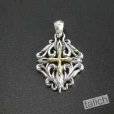 Shiny 925 Sterling Silver & Brass Cross Ornate Scrolls Small Pendant Unique Gift