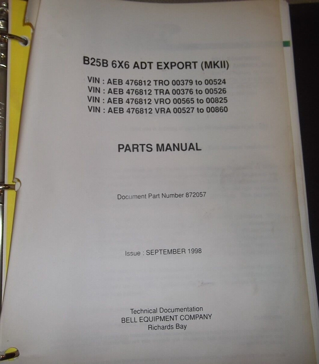 BELL B25B 6X6 ADT EXPORT MKII ARTICULATED TRUCK PARTS MANUAL BOOK