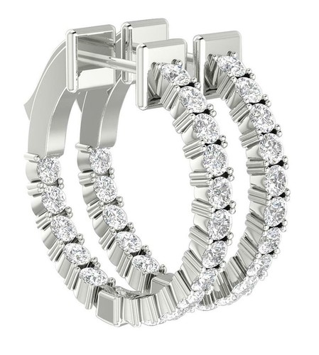 Inside Outside Hoops Earrings VS1 F 1.60 Carat Natural Diamond 14K Yellow Gold - Picture 2 of 10