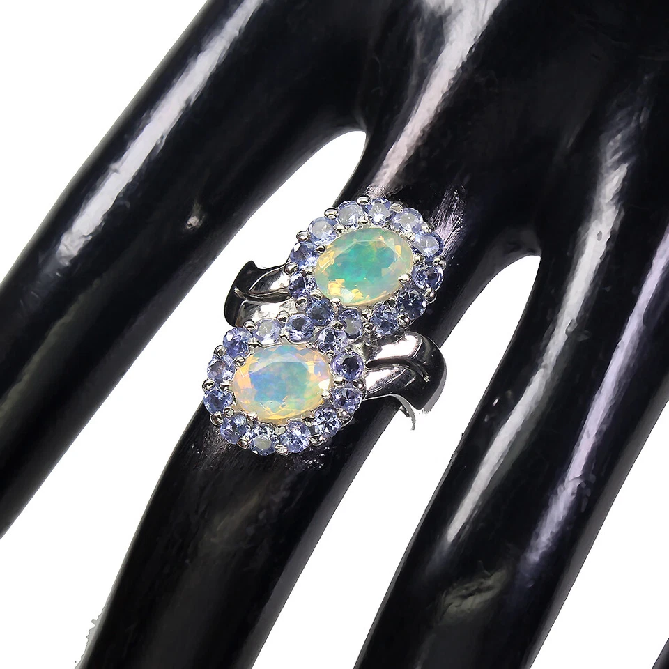 925 Anello Argento Sterling Ovale Opale di Fuoco Flash 8x6mm Tanzanite Gemma - Immagine 3 di 4