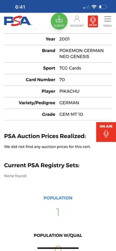 2001 POP 4 PSA 10 PIKACHU GERMAN NEO GENESIS 70/111 POKEMON GEM MINT! - Picture 4 of 4