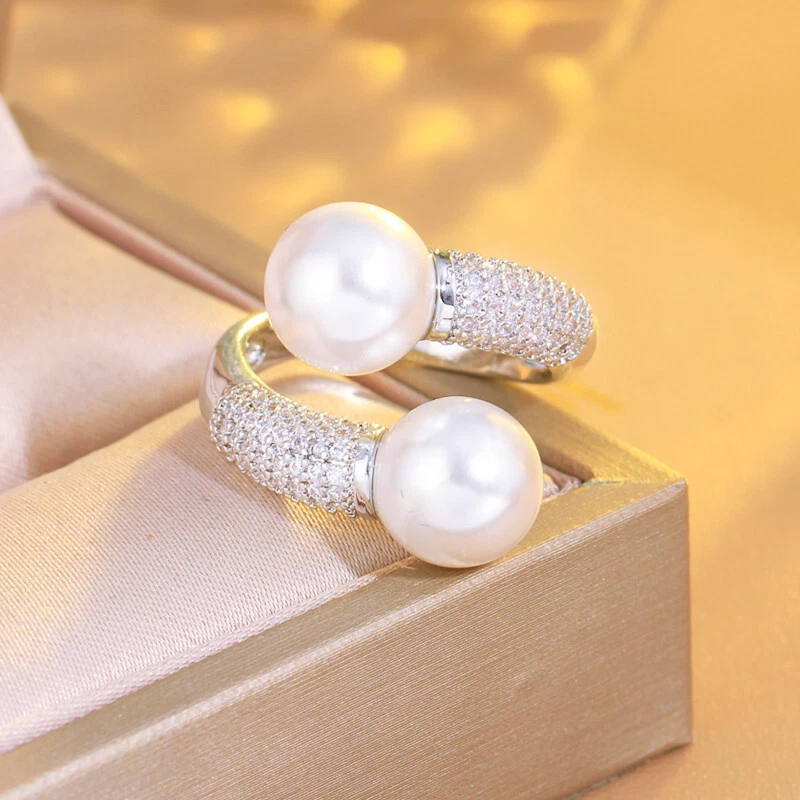 Women Silver Plated Big White Pearl Ring Cubic Zircon Adjustable