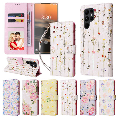For Samsung S25 S24 S23 S22 S21 Flower Pattern Holder Wallet Flip Kickstand Case
