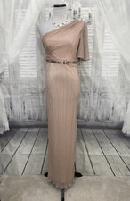 Adrianna Papell Size 6 One Shoulder Sleeve Glitter Slit Gown Blush Rose Gold B10