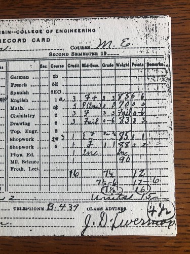 Photocopy of Charles Lindbergh's Report Card at University of Wisconsin - 1921 - Picture 3 of 5