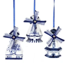 KURT ADLER SET OF 3 PORCELAIN DELFT BLUE WINDMILL CHRISTMAS ORNAMENTS J0934