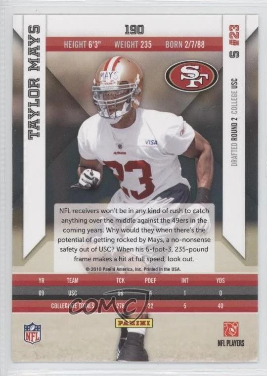 2010 Panini Epix Rookie Taylor Mays #190 Rookie RC - Image 2 of 2