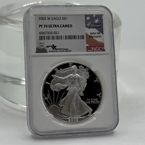2002 W PROOF SILVER EAGLE NGC PF70 ULTRA CAMEO JOHN MERCANTI SIGNED FLAG LABEL!