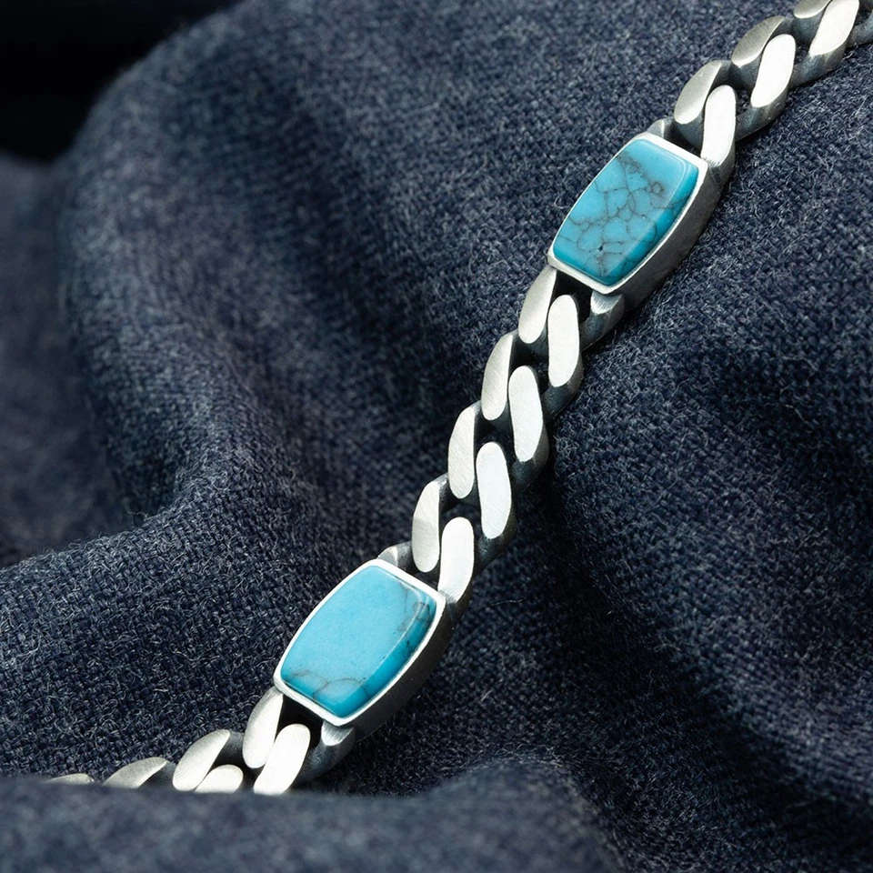 Men's Turquoise Gemstone 925 Sterling Silver 10mm Curb Chain Link Bracelet - Image 3 of 4