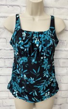 Lands  End Size 8 Black Blue Floral Rouched Top Square Neck Tankini Top Swimsuit