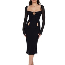 House of CB Ophelia Plus Cup Cut Out Long Sleeve Black Midi Dress L+ 14-16