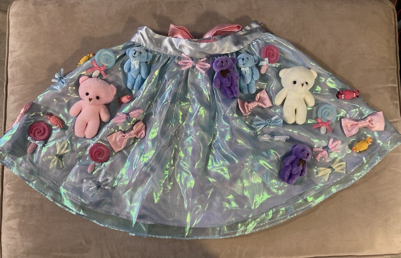 Sugar Thrillz Girls XS Iridescent Blue A-Line Knee Skirt Pull On Bow Polyester