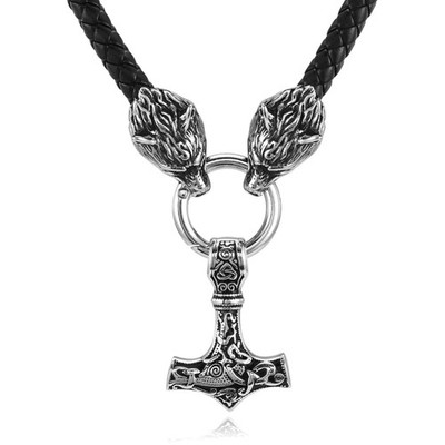 Wikinger Halskette Thor Hammer Wolf Lederkette Edelstahl Keltischer Schmuck
