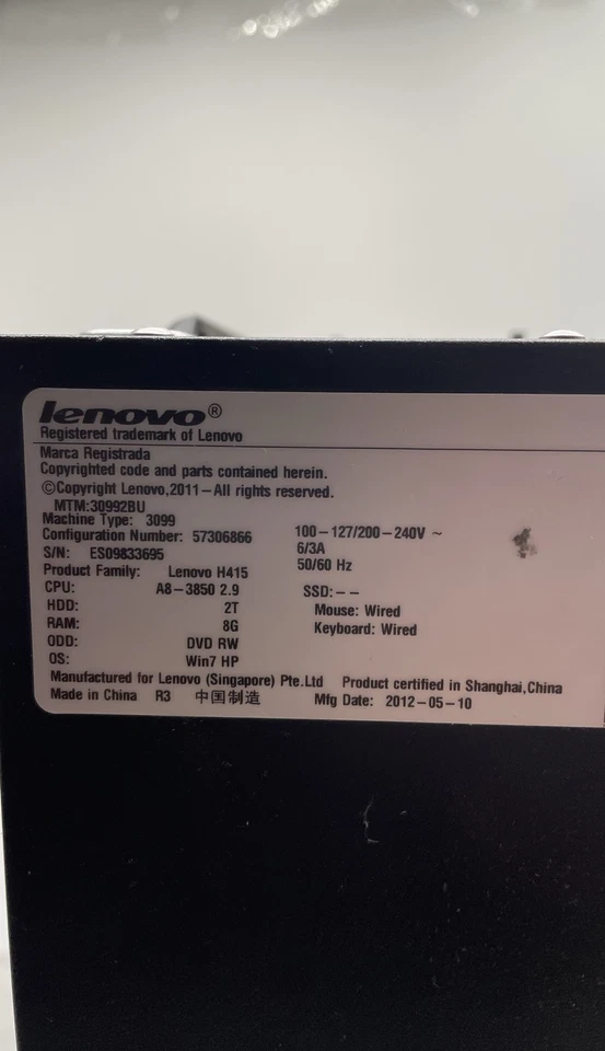 Computadora de escritorio Lenovo H415 AMD A8-3850 2,9 GHz cuatro núcleos sin disco duro Foto 4 de 4
