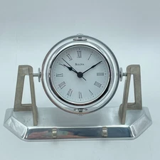 BULOVA Modern Desk Mantel Clock Silver Tone Metal Roman Dial Quartz Reposition