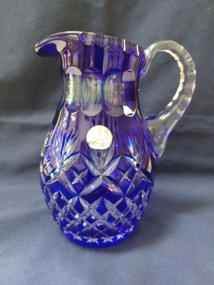 VINTAGE COBALT BLUE CUT TO CLEAR CRYSTAL PINEAPPLE HAND CUT PITCHER 7'' SIGNED