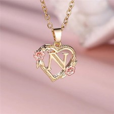 Ladies Heart Initial Letter Necklace A-Z Rose Gold Flower Pendant Gift for Women
