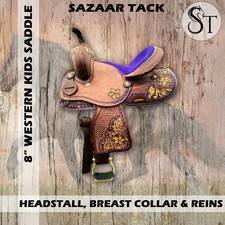 8" Miniature Western Horse Leather Saddle for Kids Tooled Tack Set Free Shipping