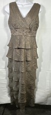 R M RICHARDS Taupe Beaded Ruffled Long Dress Formal 6 Petite