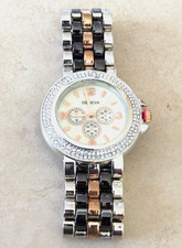Geneva Women's Watch Silver Crystal Bezel Pearl Dial Three Tone Linked Band