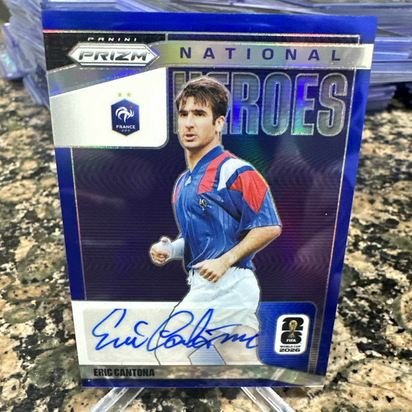 2026 Panini Prizm World Cup Eric Cantona National Heroes Blue Auto /25 France view 2