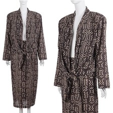 NORMA KAMALI Vintage 80s 2pc Set M/10 Brown Print Open Front Jacket Maxi Skir