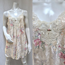 Vintage California Dynasty Nightgown Slip Dress Floral Satin Lace - Size M/L