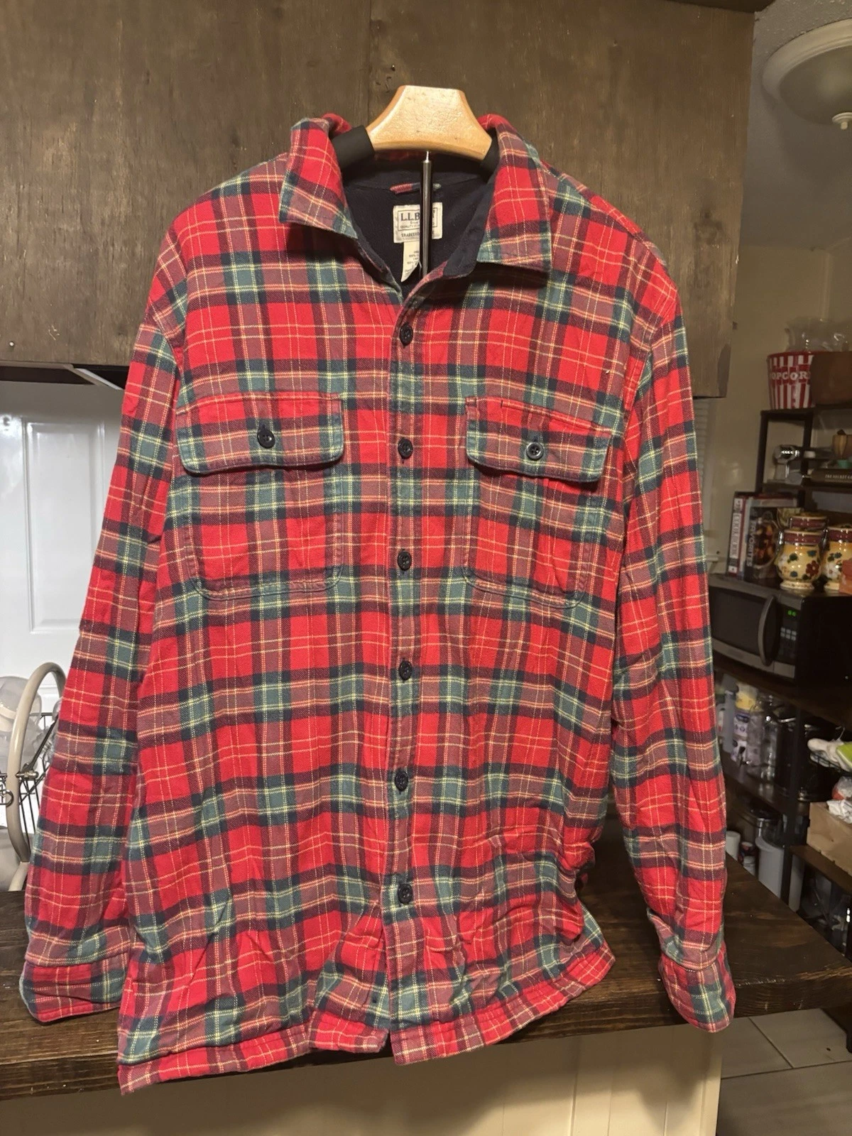 VTG LL Bean Flannel Shirt Jacket Mens Large Button Plaid Red Long Sleeve Outdoor