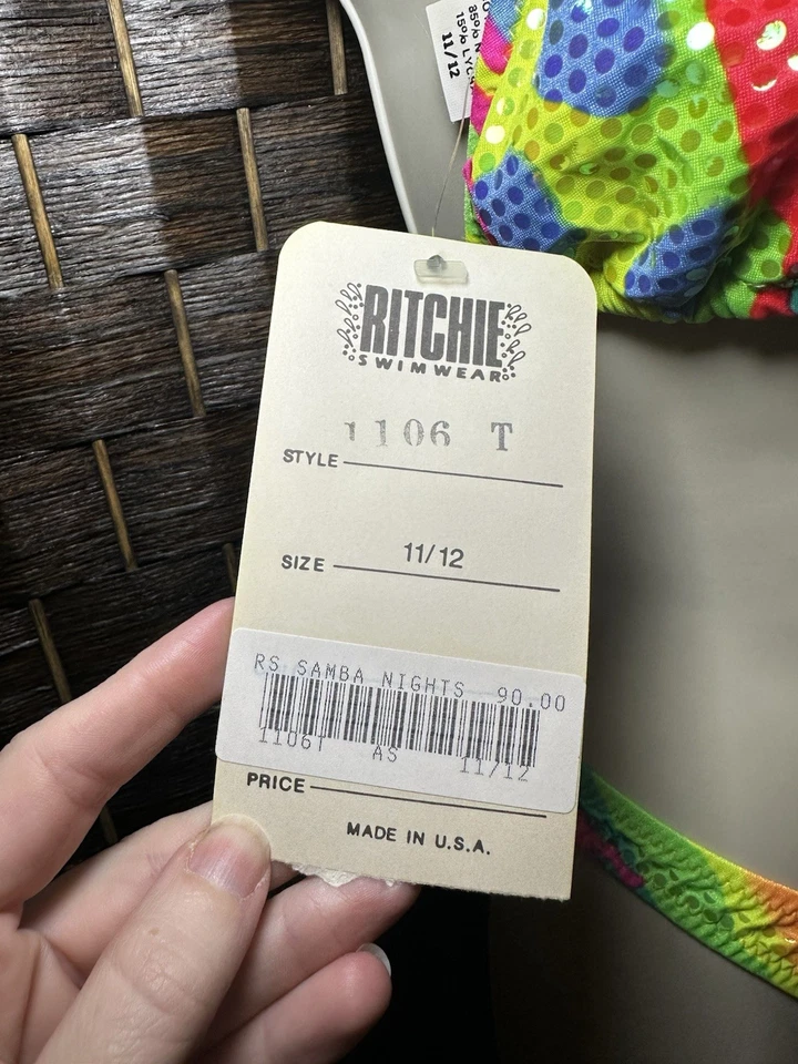 Conjunto de traje de baño vintage años 90 Ritchie bikini nuevo con etiquetas lentejuelas neón corte alto talla 11/12 EE. UU. Foto 3 de 4