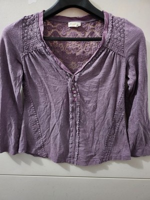 Meadow Rue Top Womens S Purple Crop Popover Blouse Tab Sleeve Lace Boho Babydoll