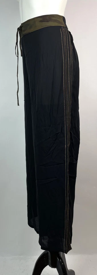 Harari Pants 100% silk Black with Camo waist band, Stripes, Front ties L - Image 3 of 4